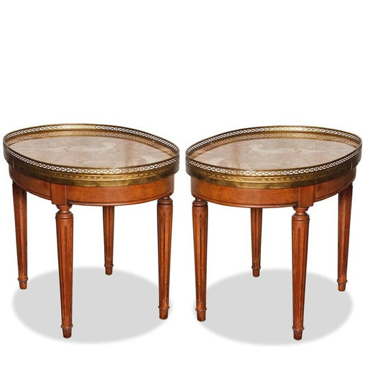 Pair of Antique French Louis XVI Style Bouillotte Table with Marble Top and Brass Gallery