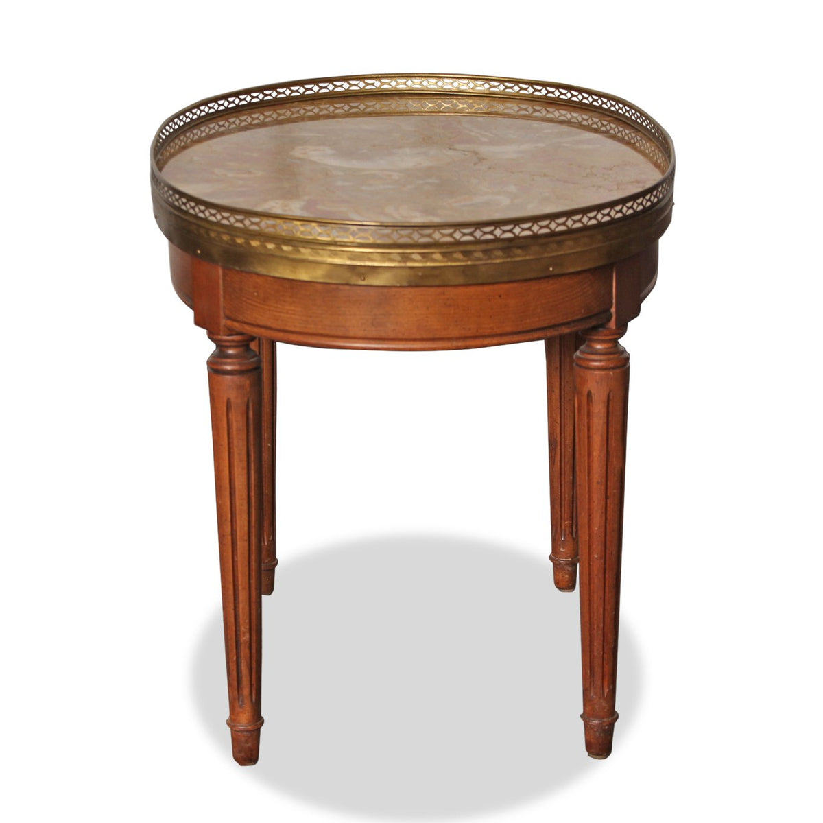 Pair of Antique French Louis XVI Style Bouillotte Table with Marble Top and Brass Gallery
