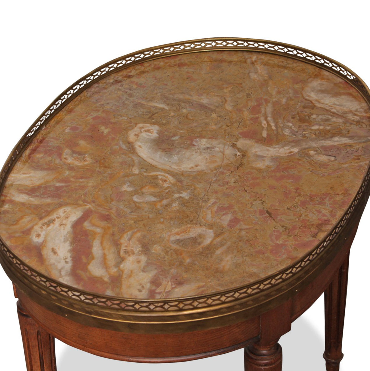 Pair of Antique French Louis XVI Style Bouillotte Table with Marble Top and Brass Gallery