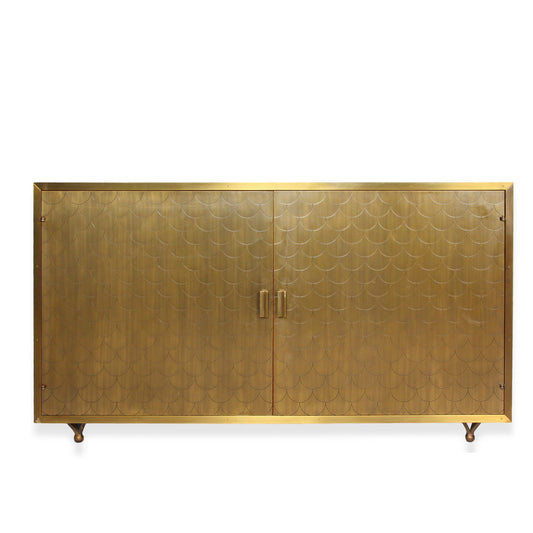 Julian Chichester Fry Cabinet with Ochre Vellum Wrap and Fishscale Brass Doors