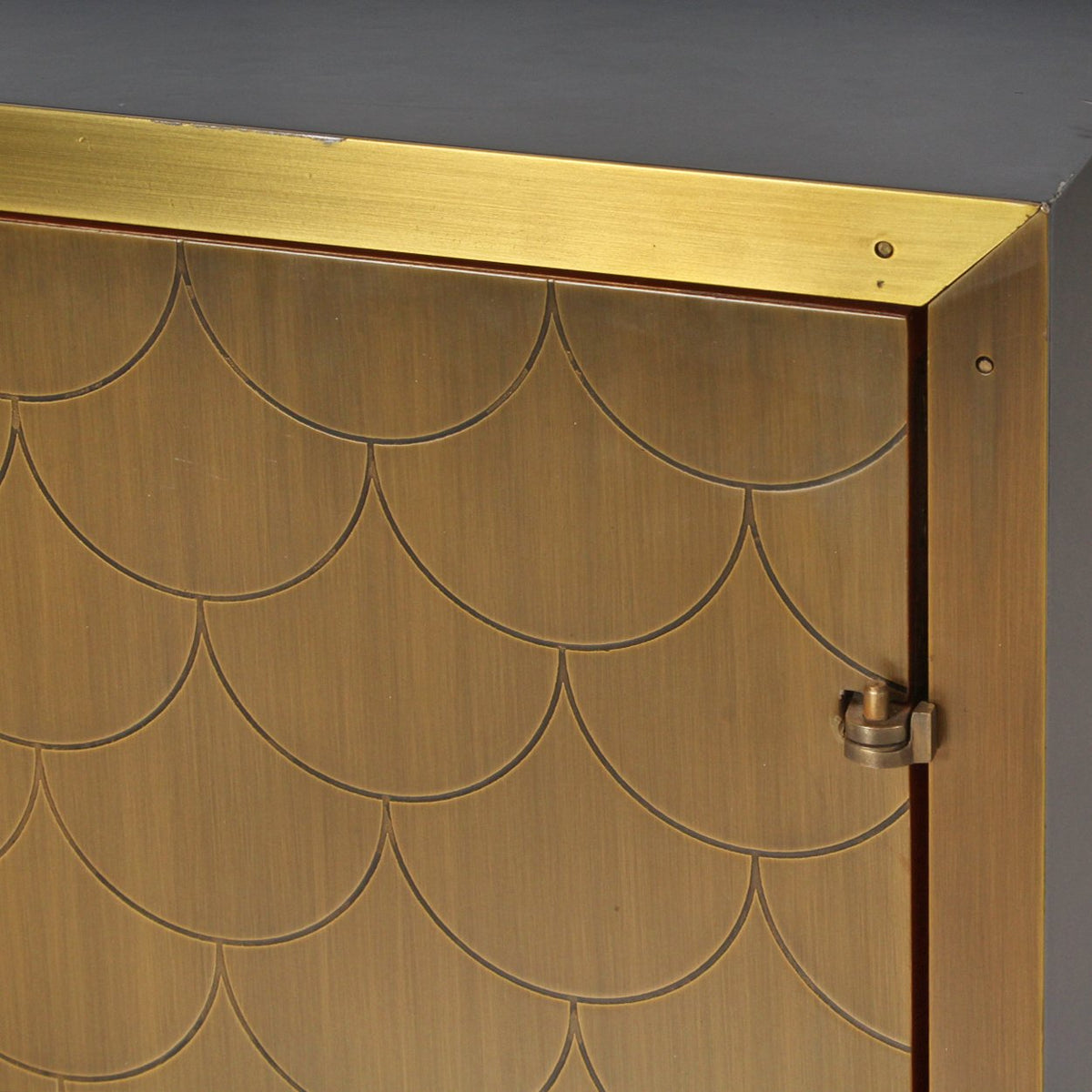 Julian Chichester Fry Cabinet with Ochre Vellum Wrap and Fishscale Brass Doors