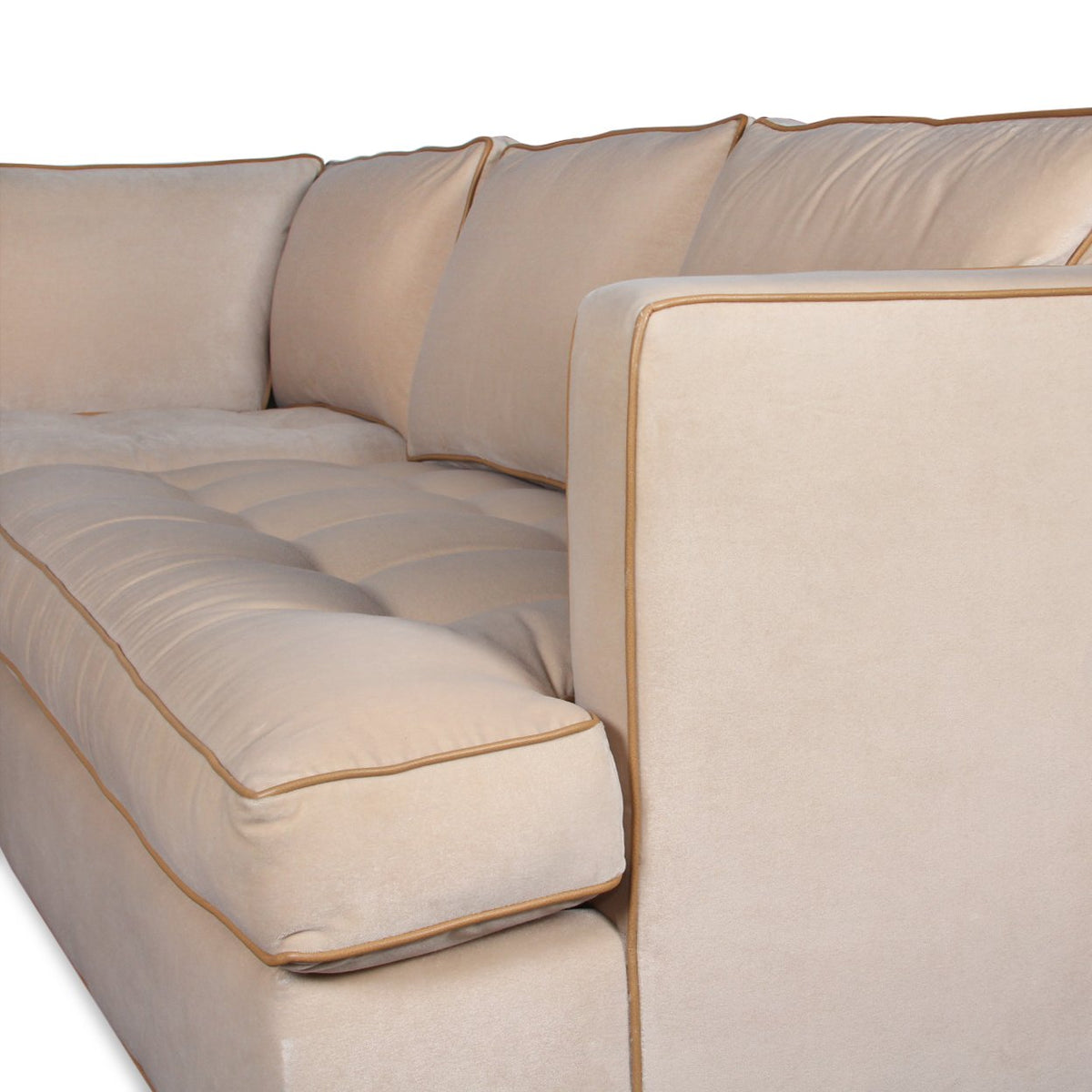 Mason-Art 7016 2pc Sectional Sofa Upholstered in Nobilis Cotton Velvet with Edelman Leather Piping