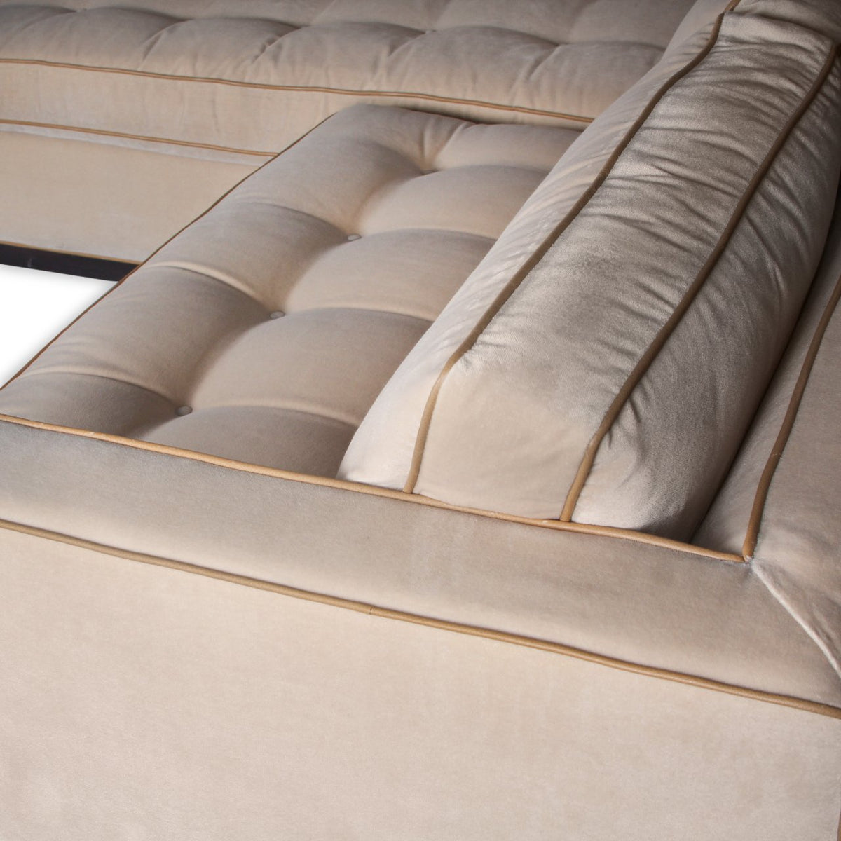 Mason-Art 7016 2pc Sectional Sofa Upholstered in Nobilis Cotton Velvet with Edelman Leather Piping