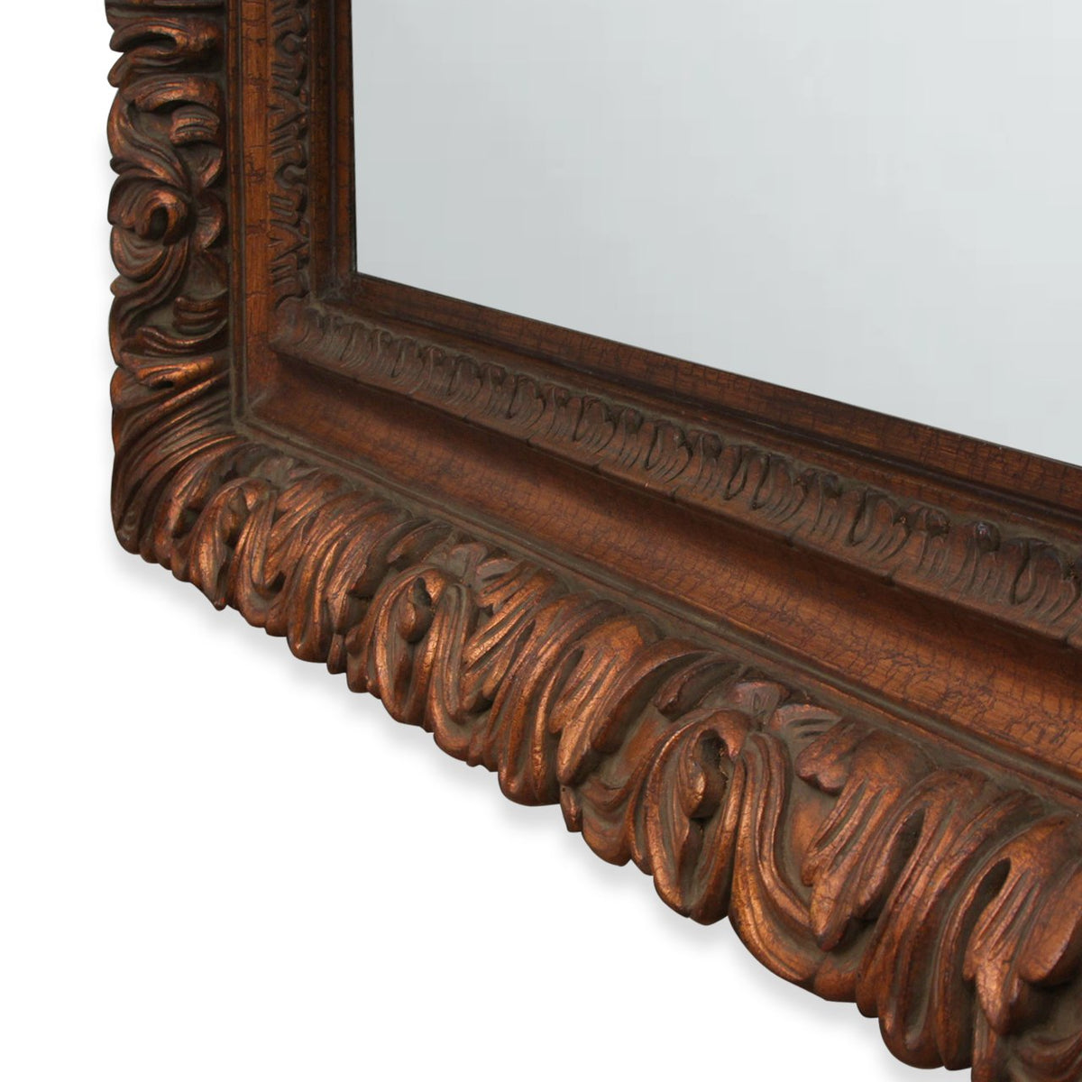 Monumental Handcarved Mahogany Mirror with Italian Toleware Details and 22K Gold Leaf Accents