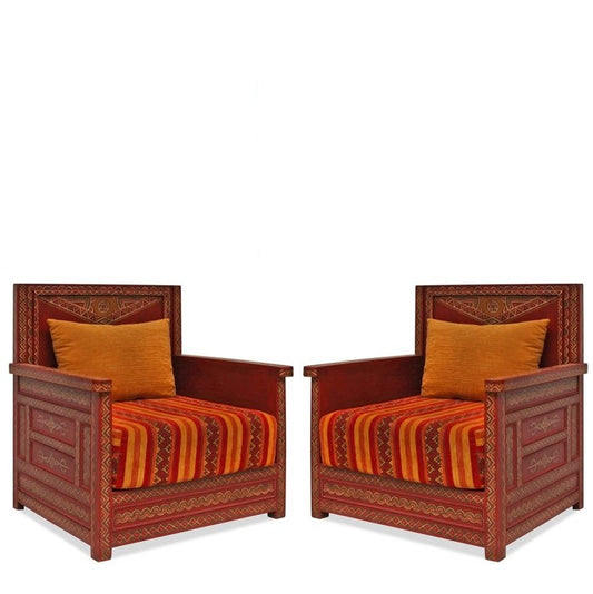 Pair of Vintage Moroccan Armchairs with Handpainted  Wood Marquetry