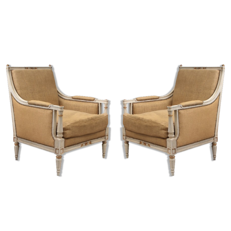 Pair of Antique Louis XVI Gilt Bergere Chairs Circa 1930s