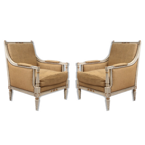 Pair of Antique Louis XVI Gilt Bergere Chairs Circa 1930s