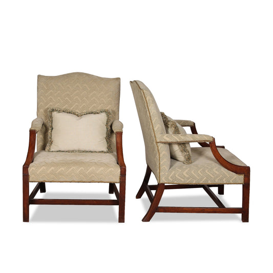 Pair of Antique English George III Style Upholstered Mahogany Arm Chairs
