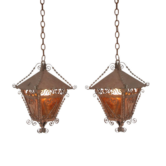 Pair of Vintage Arts & Crafts Wrought Iron Exterior Ceiling Lantern