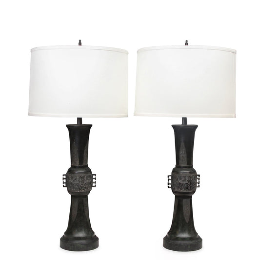 Pair of Asian Antique Bronze Modern Style Table Lamps