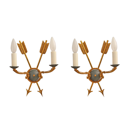 Pair of Luminaire D'Art Gilded Bronze Empire Style Arrow Sconces