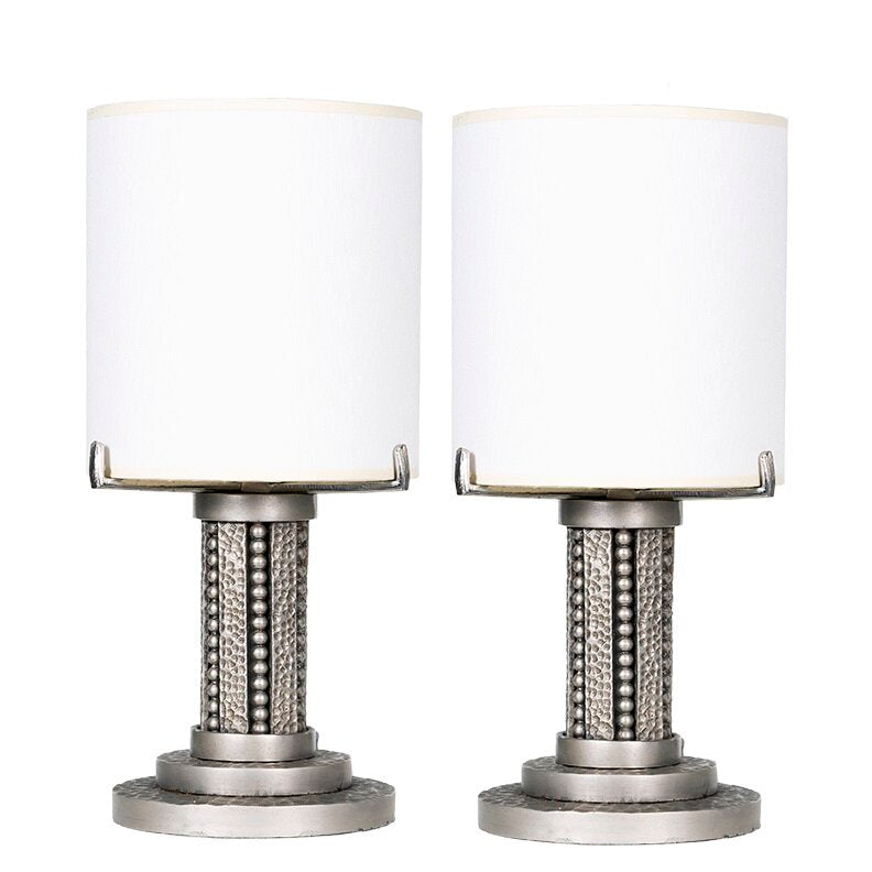 Pair of Petite French Art Deco Hammered Silver Table Lamps C1940s