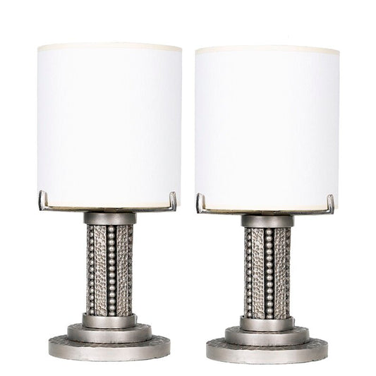 Pair of Petite French Art Deco Hammered Silver Table Lamps C1940s