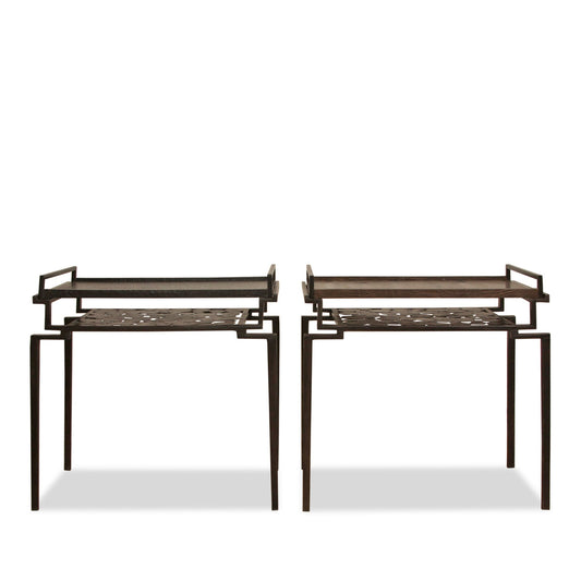 Pair of R & Y Augousti Side Tables with Exquisite Leather Trays