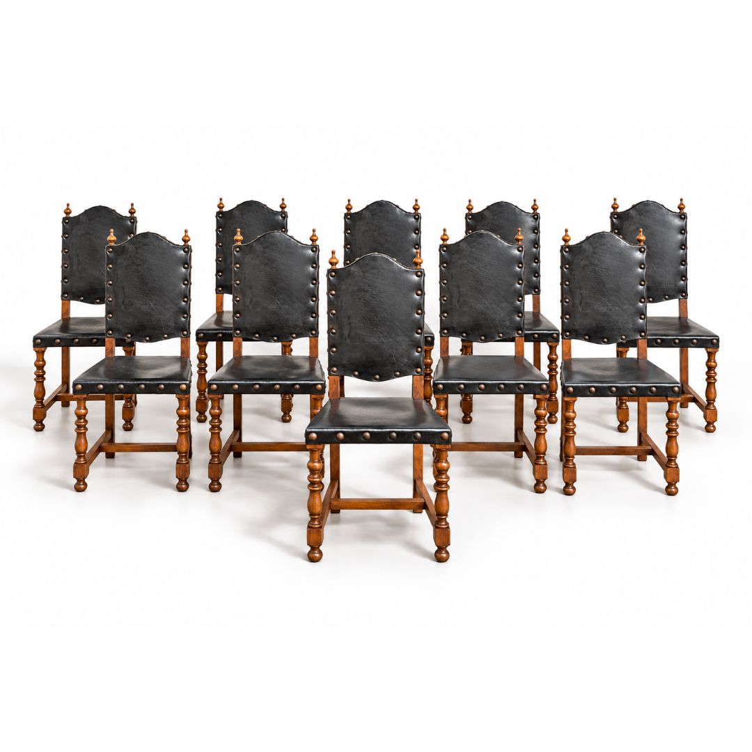 Vintage Portuguese Oak 18th Century Style Dining Chairs C1970s, Set of 10