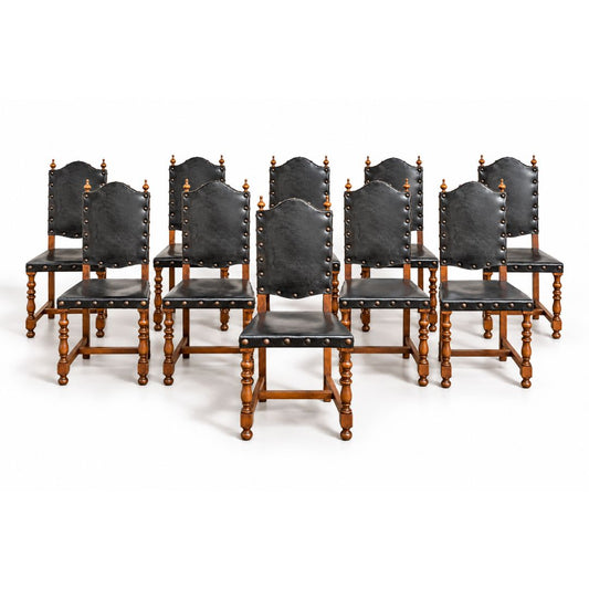 Vintage Portuguese Oak 18th Century Style Dining Chairs C1970s, Set of 10
