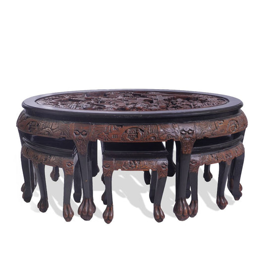 Antique George Zee Asian Carved TEA Coffee TABLE, 7 pcs