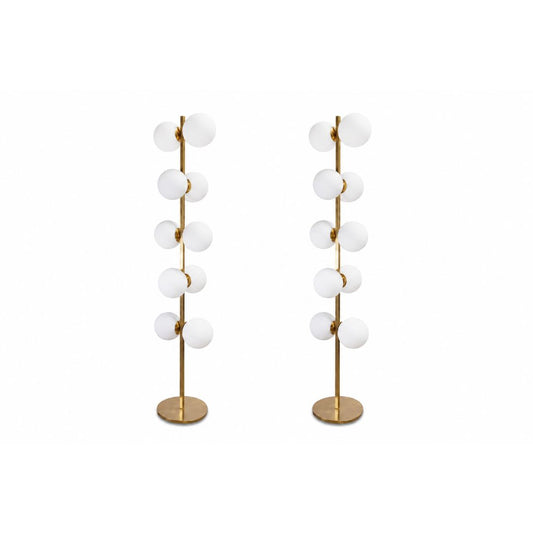Vintage Italian Brass Floor Lamps with Opaline Ball, Pair of (condition - base with dents and need to be fixed)