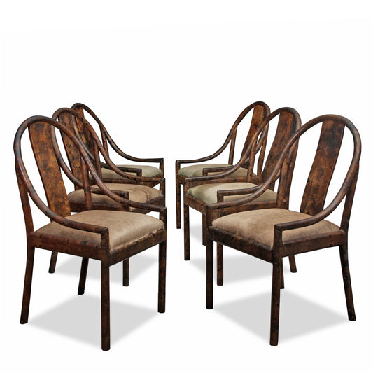 Set of 6 Vintage Karl Springer Style Dining Chairs with Exotic Toad Leather Base and Cowhide Seats