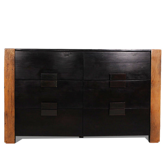 Six Drawer Dresser with Two-tone Walnut and Brass Pulls