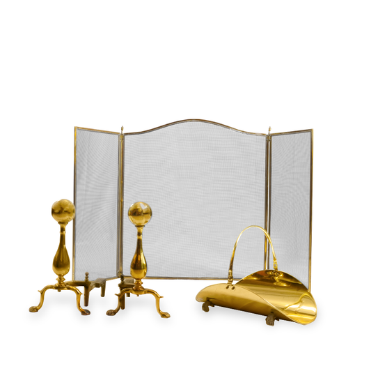 Vintage Andirons Fire Screen, Tools and Log Holder
