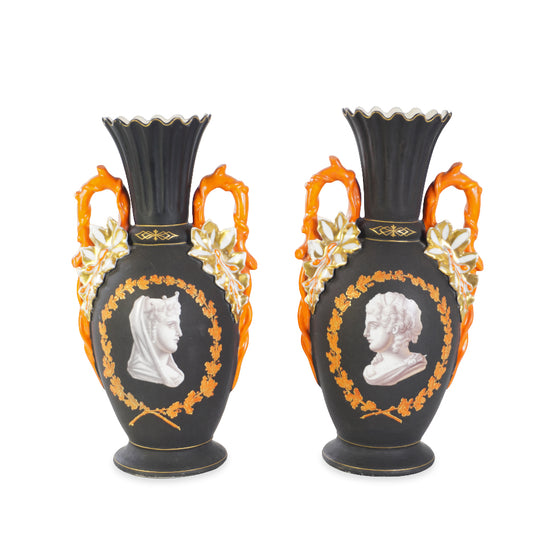 Vintage Continental Hand Painted Majolica Vases, Pair of