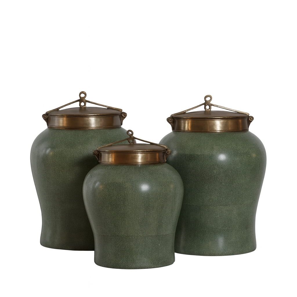 Vintage Tozai Home Faux Shagreen Brass Lidded Temple Jar, Set of 3