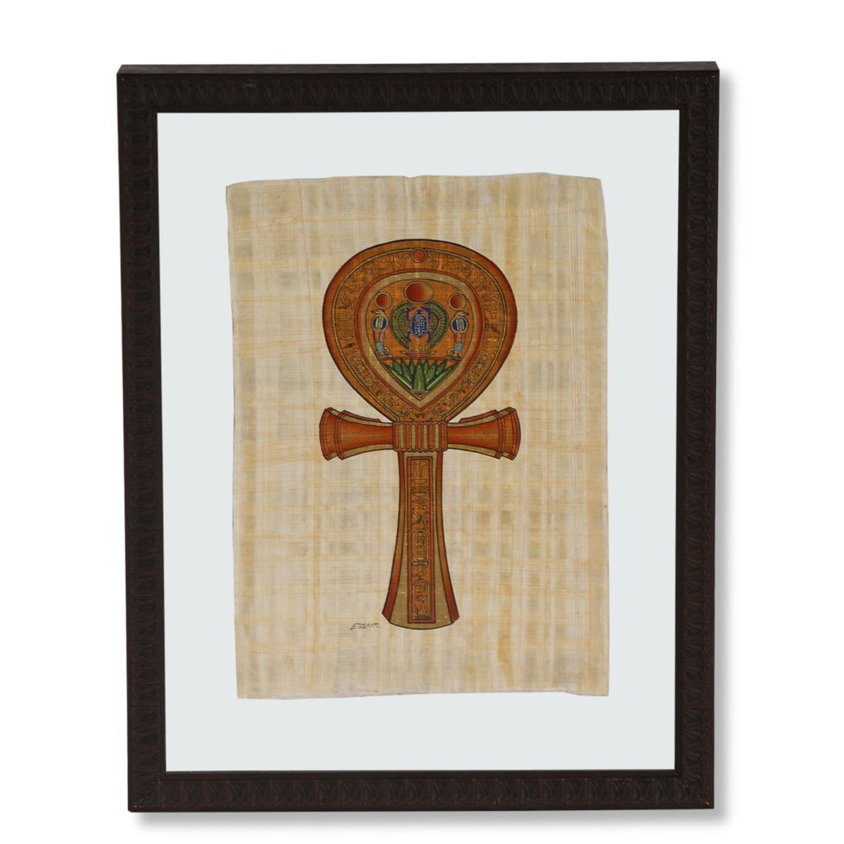 Vintage Egyptian Hieroglyphic Ankh Symbol Artwork on Sheer Linen by Essam