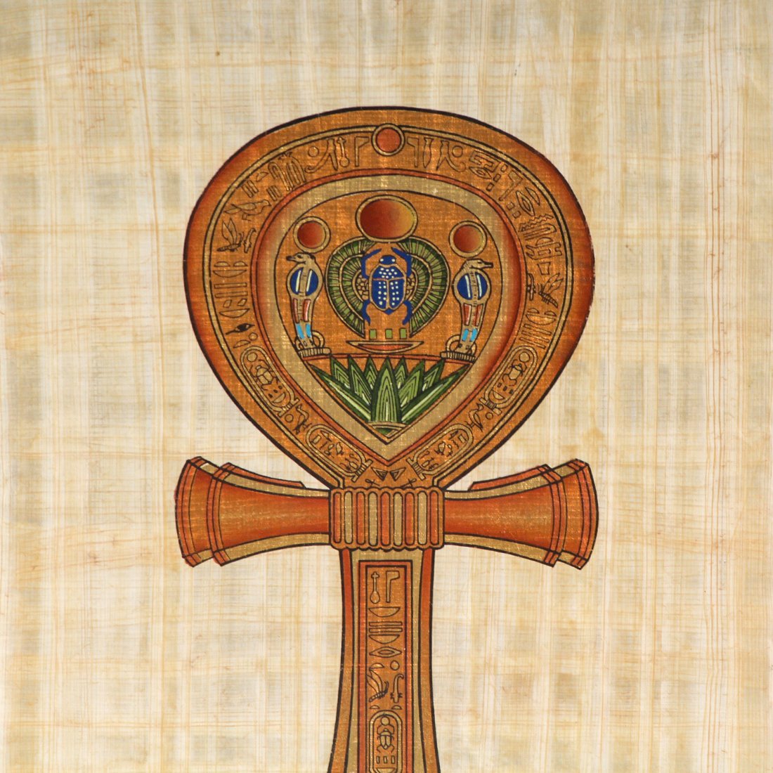 Vintage Egyptian Hieroglyphic Ankh Symbol Artwork on Sheer Linen by Essam