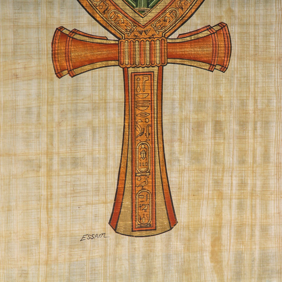 Vintage Egyptian Hieroglyphic Ankh Symbol Artwork on Sheer Linen by Essam