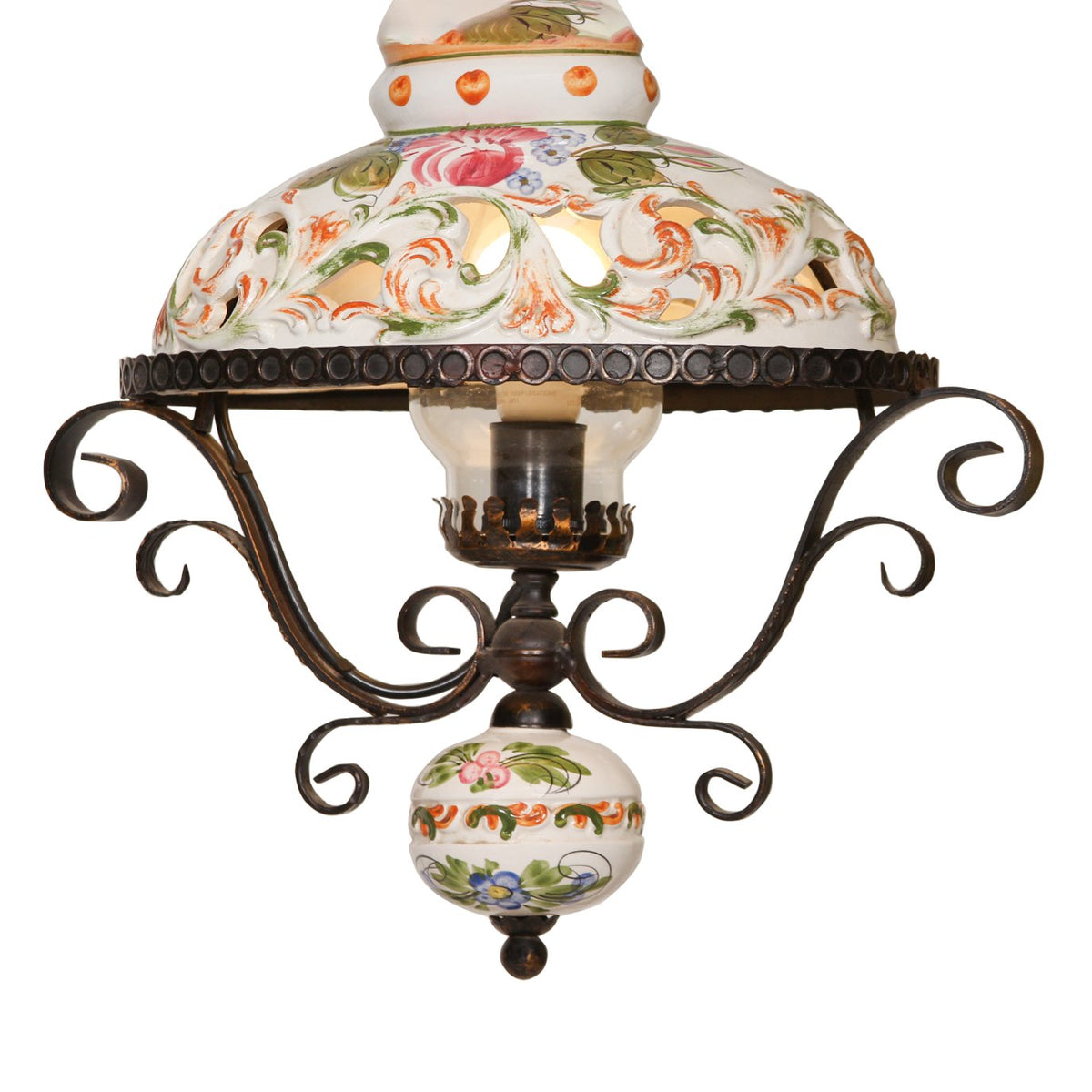 Vintage Italian Wrought Iron & Ceramic Pottery Pendant Light