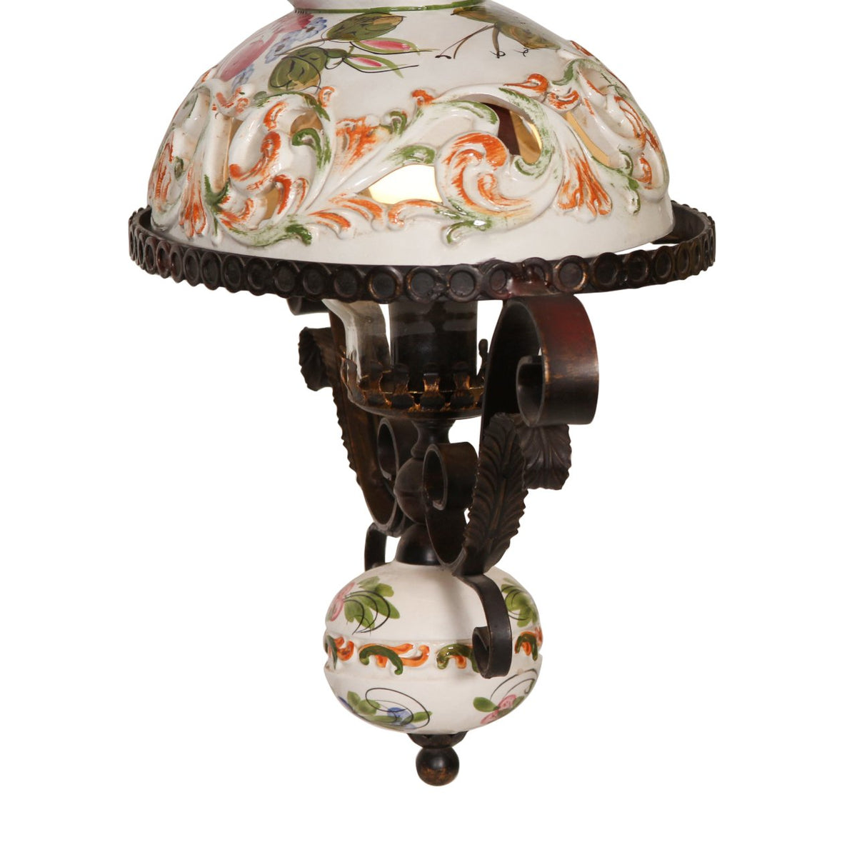 Vintage Italian Wrought Iron & Ceramic Pottery Pendant Light