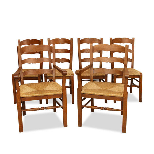 Vintage Oak Country Ladder Back Dining Chairs, Set of 6