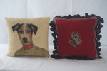 Vintage Thierry Poncelet Military Jack Russell Belgian Throw Pillow & Handmade Wool Needlepoint Scottish Terrier Accent Pillows, Set of 2