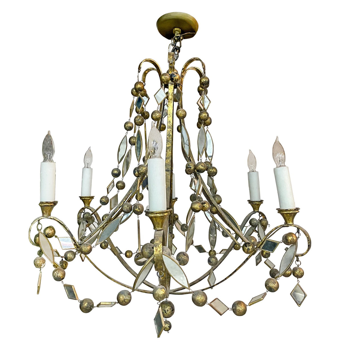 Vintage French Modern Sculptural Gilt, Crystal and Mirror Chandelier C1940s