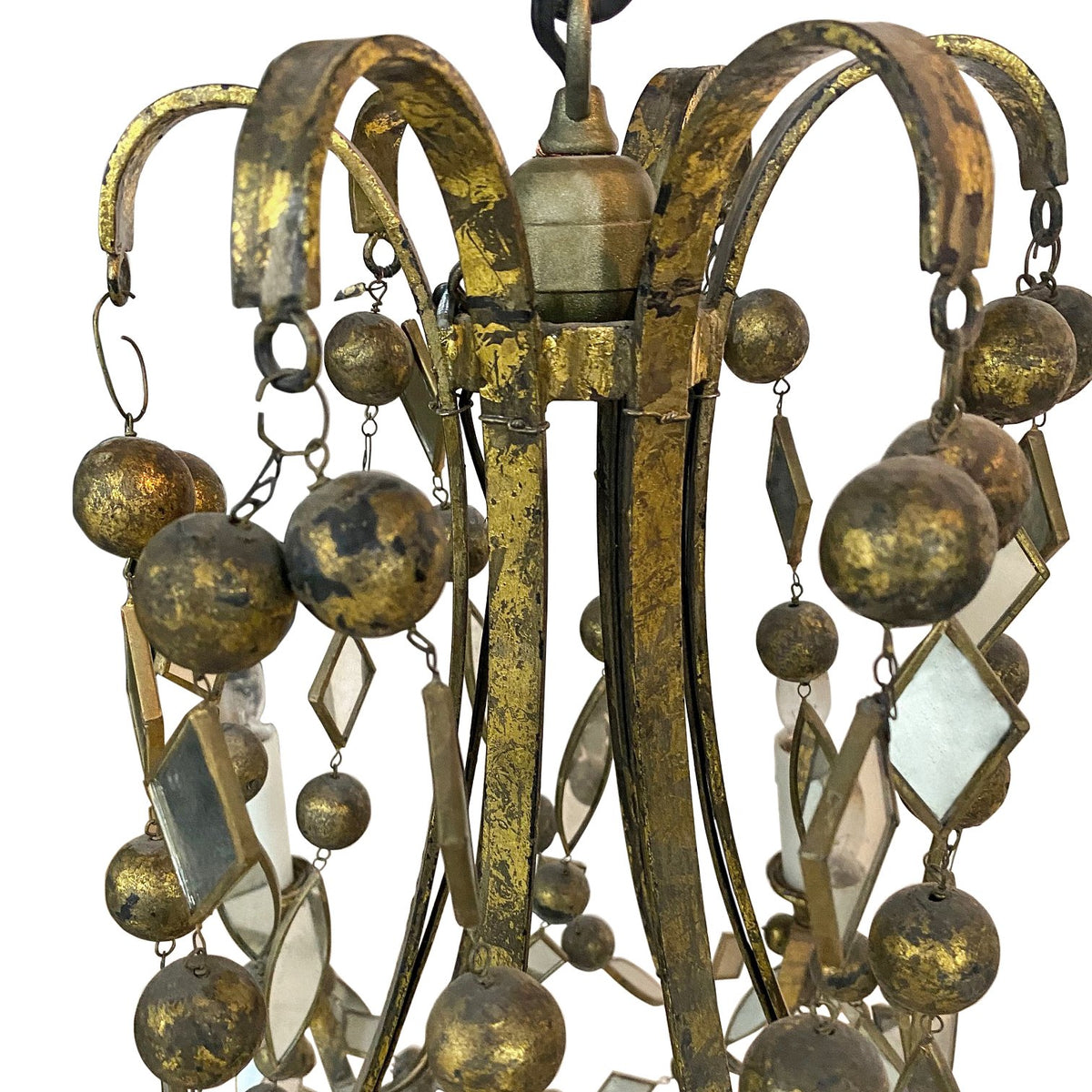 Vintage French Modern Sculptural Gilt, Crystal and Mirror Chandelier C1940s