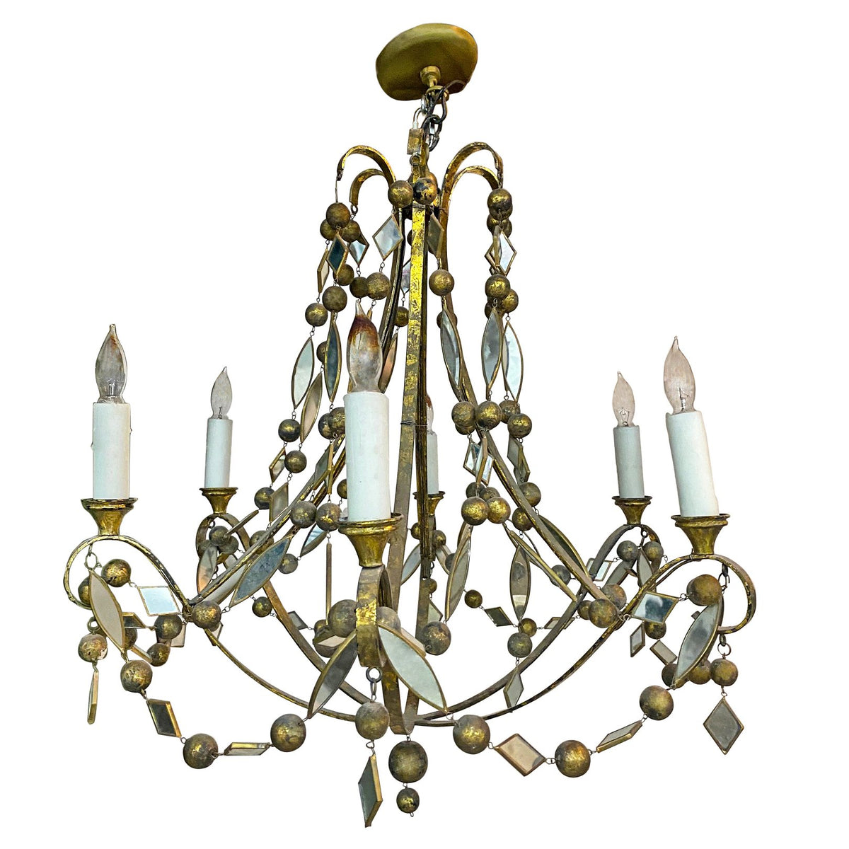 Vintage French Modern Sculptural Gilt, Crystal and Mirror Chandelier C1940s