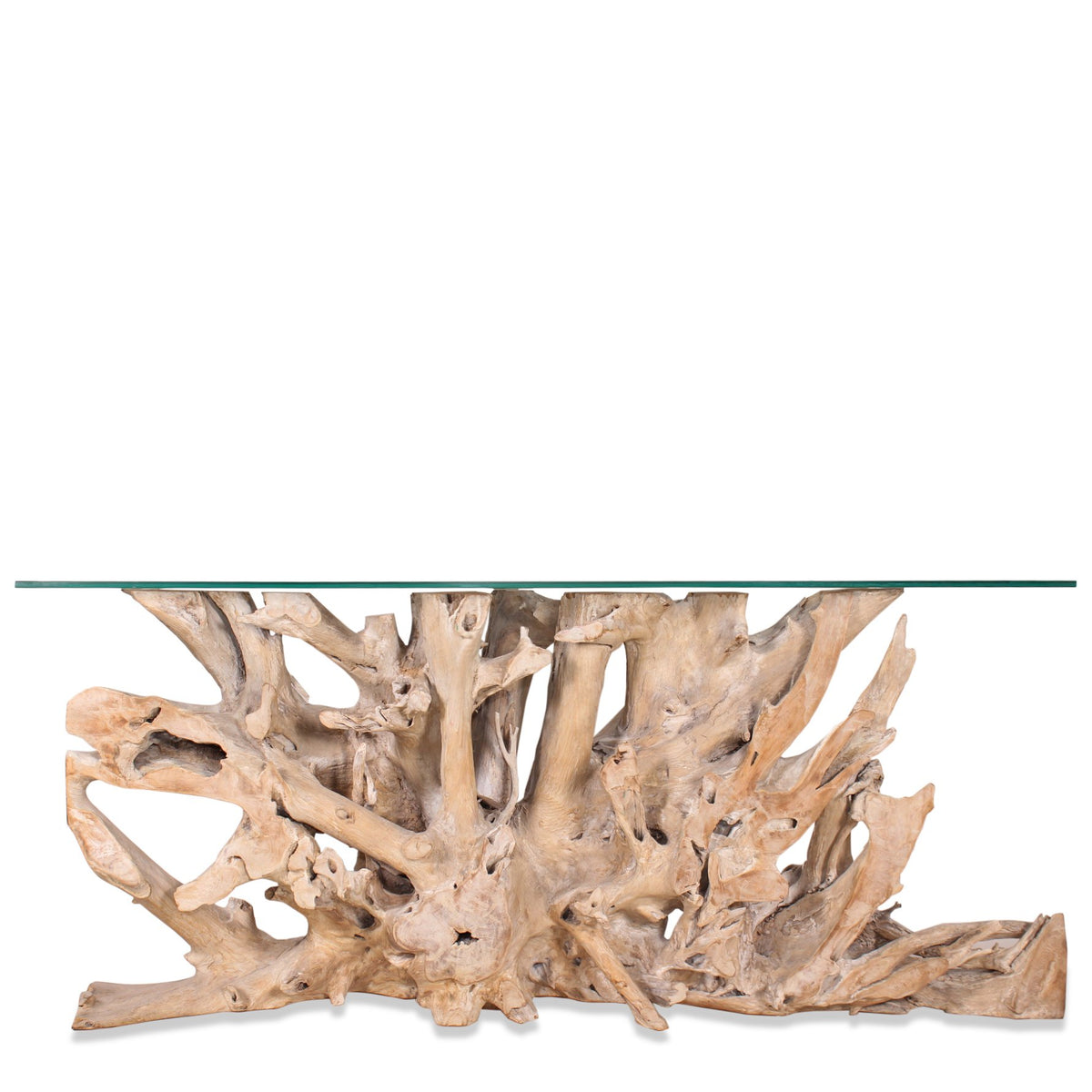 Modern Solid Natural Teak Root Freeform Console Table with Glass Top