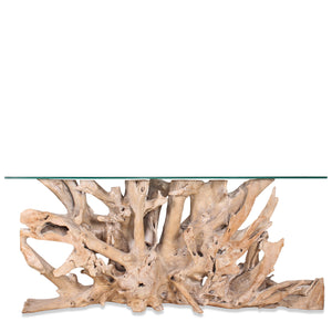 Modern Solid Natural Teak Root Freeform Console Table with Glass Top