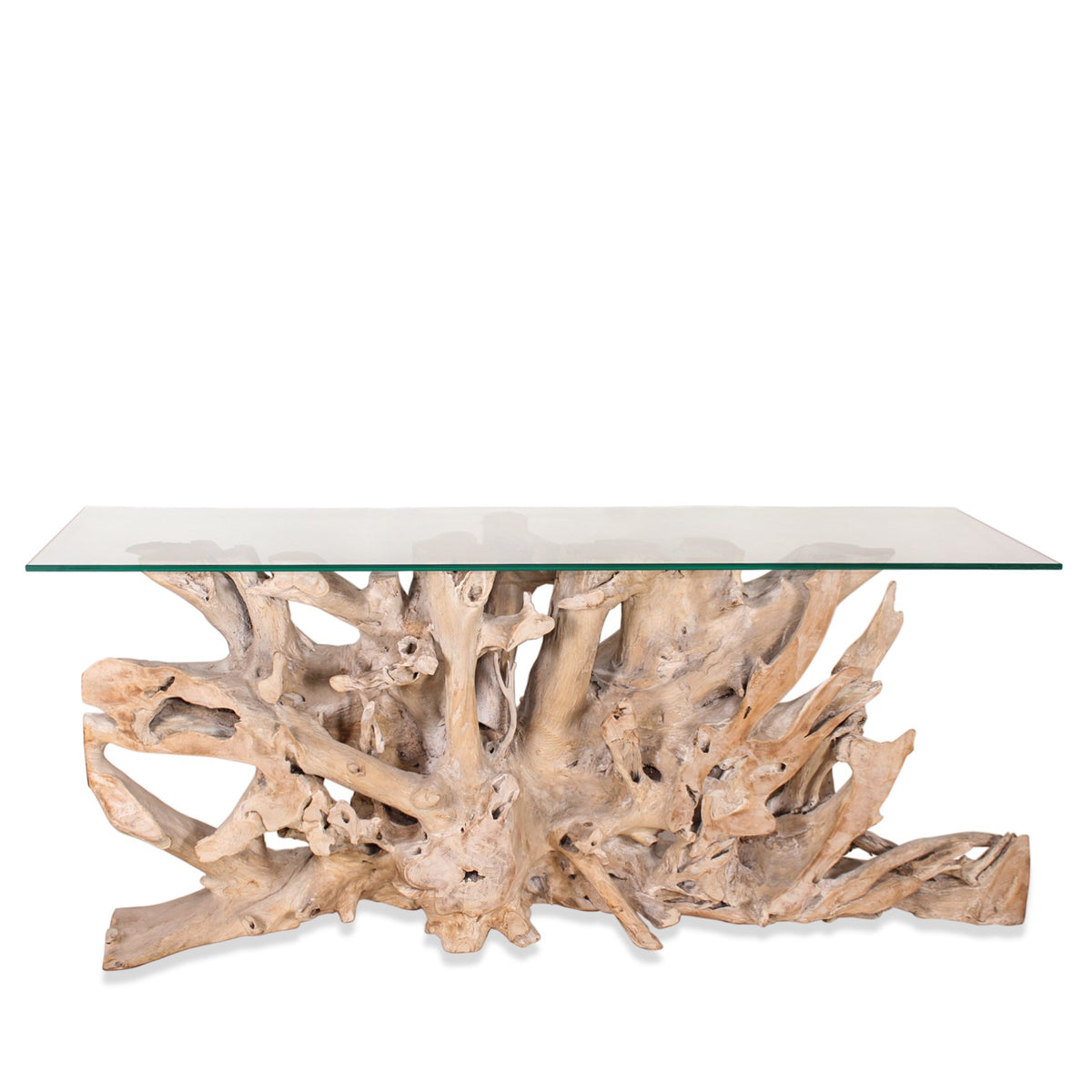 Modern Solid Natural Teak Root Freeform Console Table with Glass Top