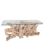Modern Solid Natural Teak Root Freeform Console Table with Glass Top