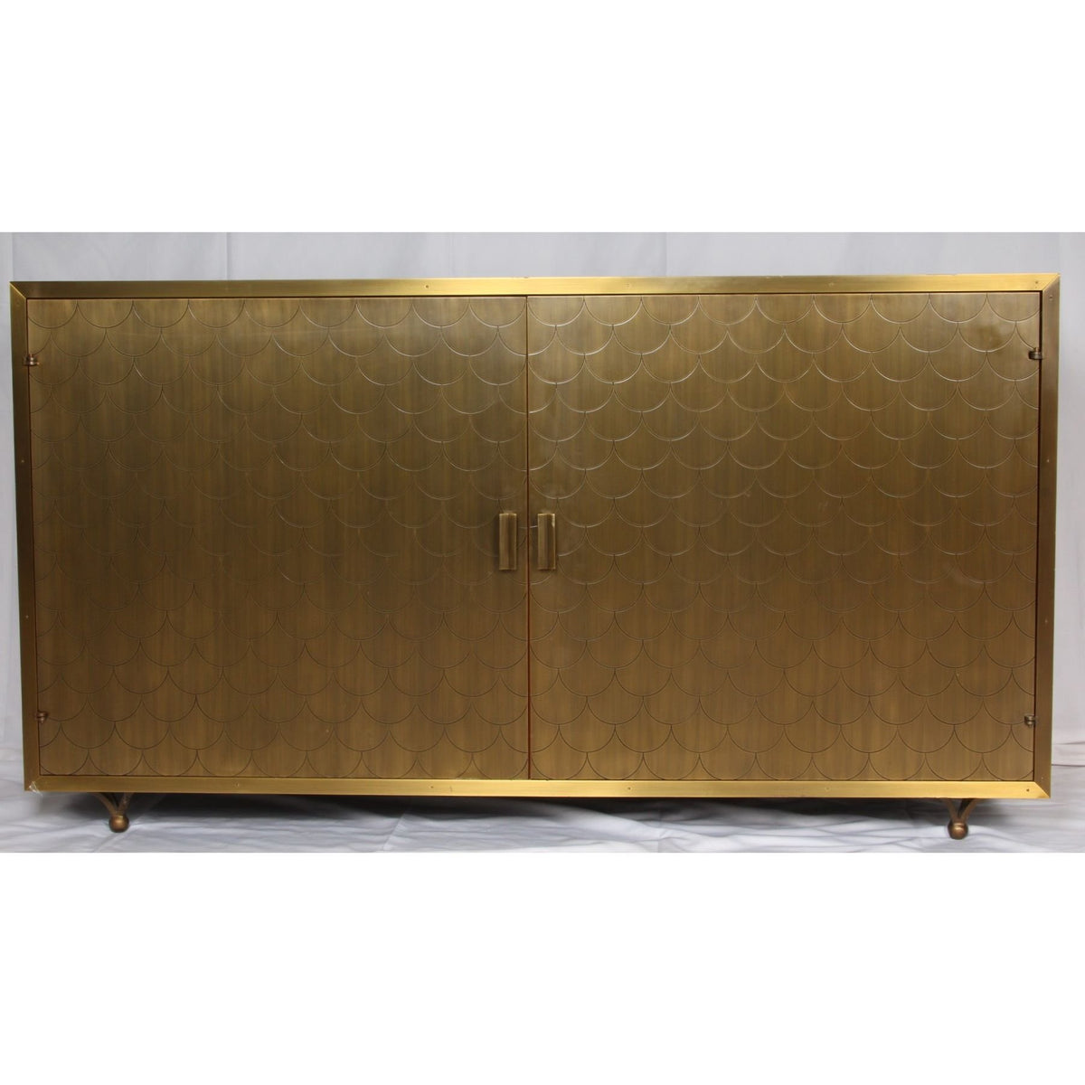 Julian Chichester Fry Cabinet with Ochre Vellum Wrap and Fishscale Brass Doors