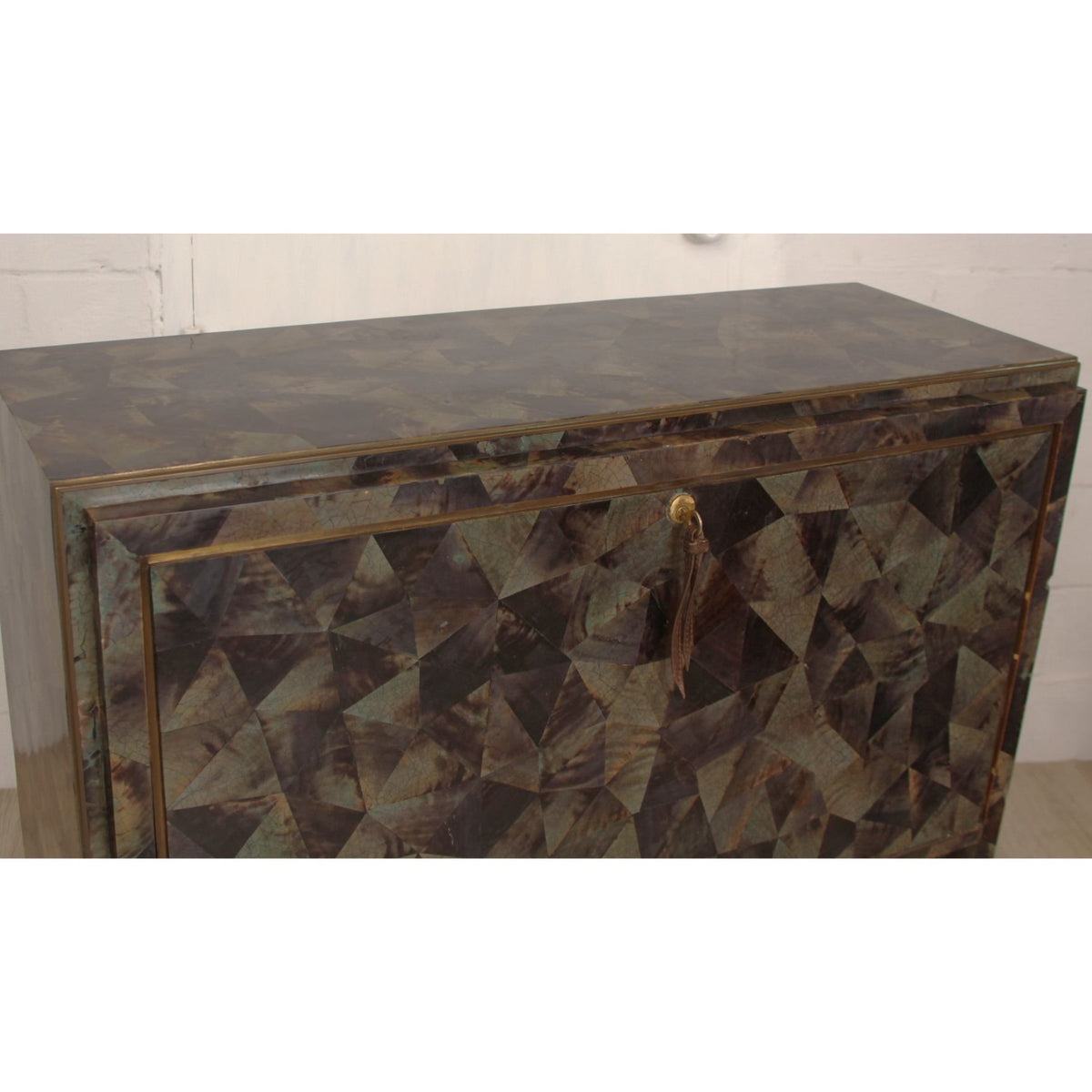 Rare Vintage R&Y Augousti Tessellated Pen Shell with Brass Inlay Bar Server or High Cabinet
